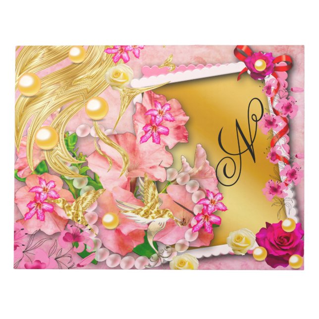 Rosa Blommigt Collage Fairy Guld Bird Monogrammed Anteckningsblock (Framsida)