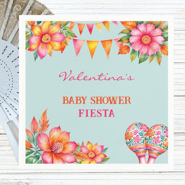 Rosa Blommigt Colorful Blue Fiesta Baby Shower Pappersservett (Skapare uppladdad)