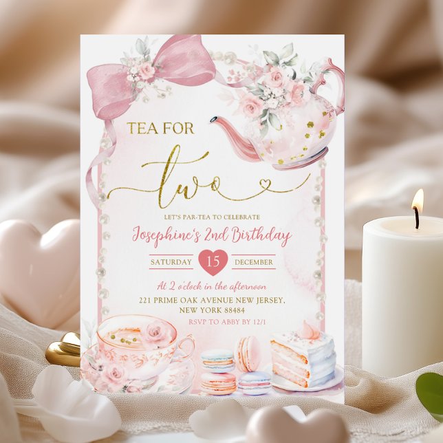 Rosa Blommigt Coquette Pearl Tea Party 2 år Inbjudningar (Skapare uppladdad)
