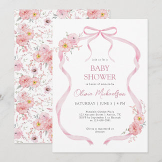 Rosa Blommigt Coquette Ribbon Bow Girl Baby Shower Inbjudningar