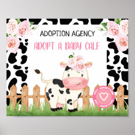 Rosa Blommigt Cow Calf Pet Adoption Födelsedagssky Poster