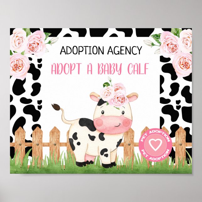 Rosa Blommigt Cow Calf Pet Adoption Födelsedagssky Poster (Framsidan)