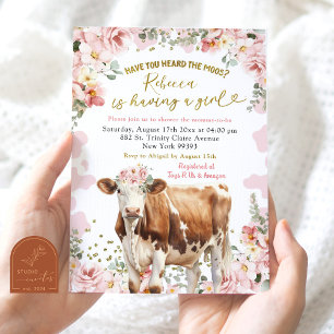 Rosa Blommigt Cow Farm Girl Baby Shower Inbjudningar