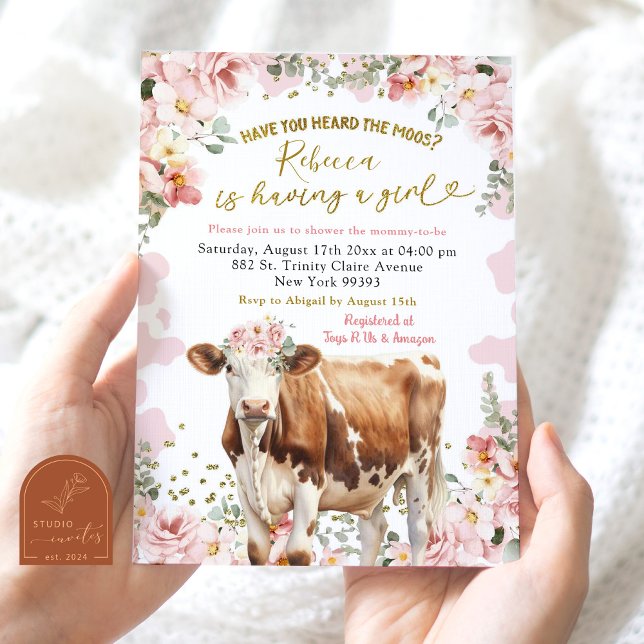  Rosa Blommigt Cow Farm Girl Baby Shower Inbjudningar (Skapare uppladdad)