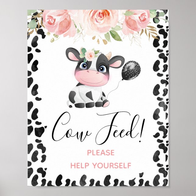 Rosa Blommigt Cow Skriv ut Födelsedagsfest Poster (Framsidan)