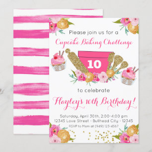 Rosa Blommigt Cupkaka Baking Challenge Birthday Inbjudningar