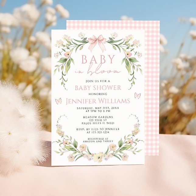 Rosa Blommigt Cute Bow Baby i Bloom Girl Shower Inbjudningar (Skapare uppladdad)