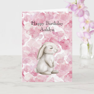 Rosa Blommigt Cute Bunny Birthday Kort