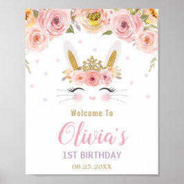 Rosa Blommigt Cute Bunny Rabbit 1:a födelsedag Väl Poster