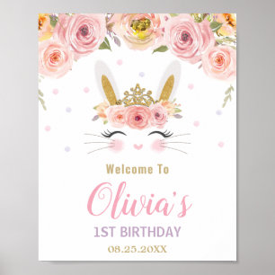 Rosa Blommigt Cute Bunny Rabbit 1:a födelsedag Väl Poster