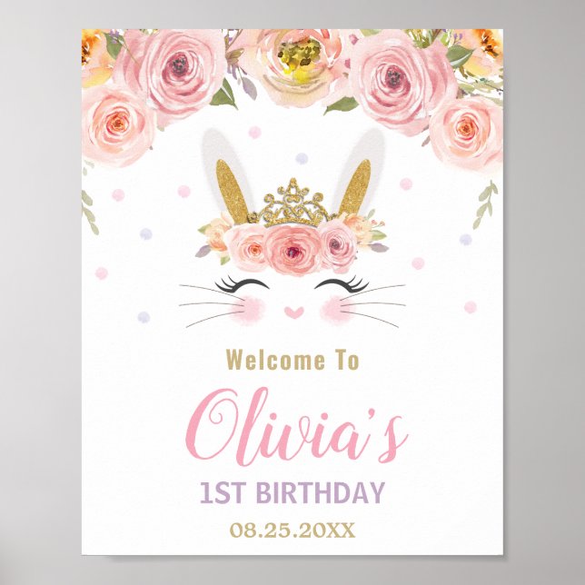 Rosa Blommigt Cute Bunny Rabbit 1:a födelsedag Väl Poster (Framsidan)