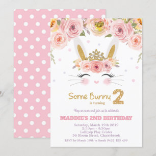 Rosa Blommigt Cute Bunny Rabbit 2:a födelsedag Inbjudningar