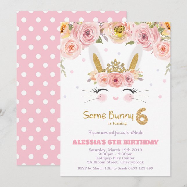 Rosa Blommigt Cute Bunny Rabbit 6e Birthday Girl Inbjudningar (Fram/baksida)