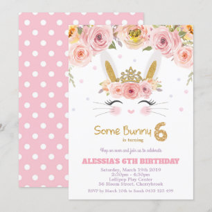 Rosa Blommigt Cute Bunny Rabbit 6e Birthday Girl Inbjudningar
