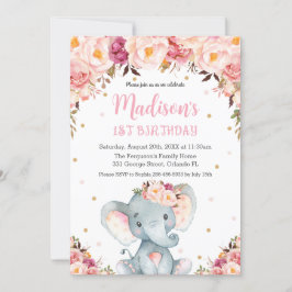  Rosa Blommigt Cute Elephant 1:a födelsedag Inbjudningar