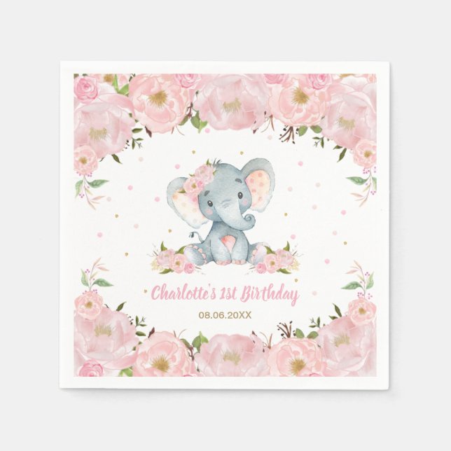  Rosa Blommigt Cute Elephant 1st Birthday Party Pappersservett (Framsidan)