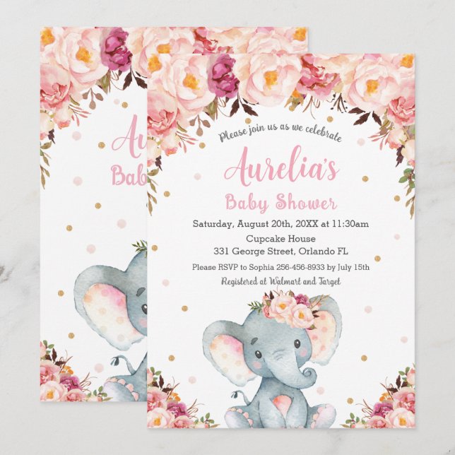  Rosa Blommigt Cute Elephant Baby Shower Girl Inbjudningar (Fram/baksida)