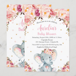  Rosa Blommigt Cute Elephant Baby Shower Girl Inbjudningar