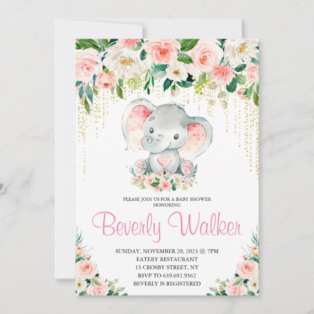  Rosa Blommigt Cute Elephant Baby Shower Inbjudningar (Framsida)