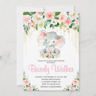 Rosa Blommigt Cute Elephant Baby Shower Inbjudningar