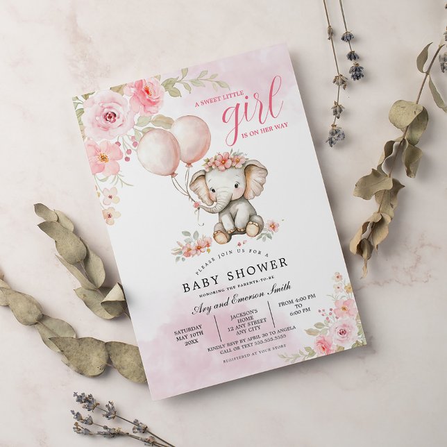  Rosa Blommigt Cute Elephant Baby Shower Inbjudningar (Skapare uppladdad)