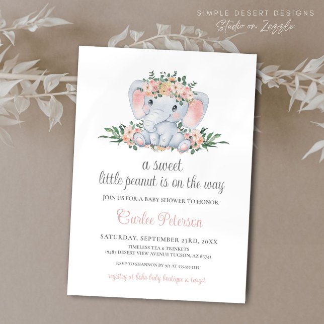 Rosa Blommigt Cute Elephant Flicka Baby Shower Inbjudningar (Pink Floral Boho Elephant Baby Shower Invitation with Calligraphy Script on White Background)