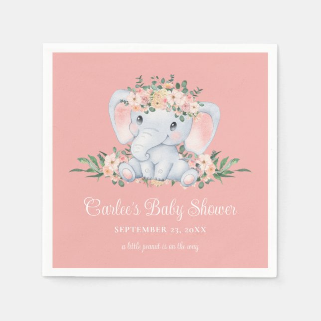 Rosa Blommigt Cute Elephant Flicka Baby Shower Pappersservett (Framsidan)