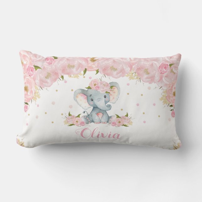 Rosa  Blommigt Cute Elephant Kids Room Decor Lumbarkudde (Framsida)