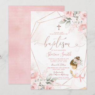 Rosa Blommigt Cute Girl Praying Christening Baptis Inbjudningar