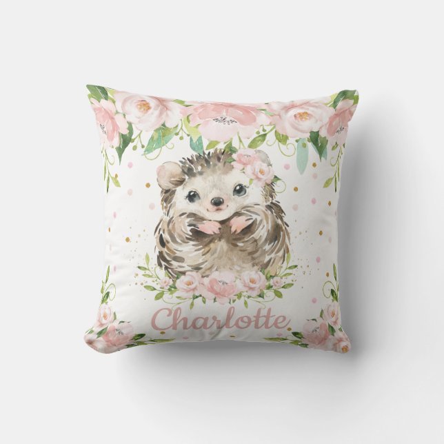  Rosa Blommigt Cute Hedgehog Girl Nursery Kudde (Framsida)