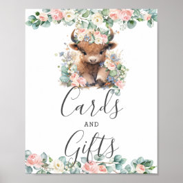 Rosa Blommigt Cute Highland Cow Baby Cards och Gåv Poster