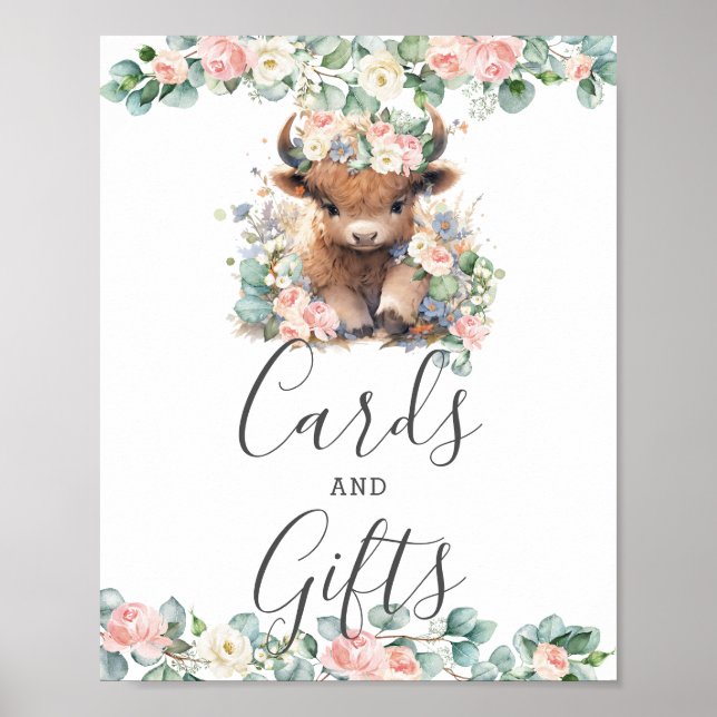 Rosa Blommigt Cute Highland Cow Baby Cards och Gåv Poster (Framsidan)