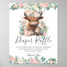 Rosa Blommigt Cute Highland Cow Baby Diaper Raffle Poster