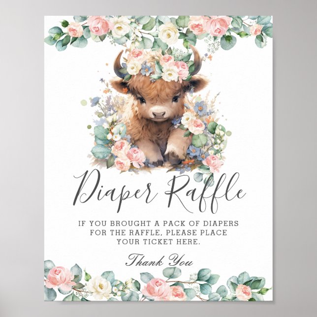 Rosa Blommigt Cute Highland Cow Baby Diaper Raffle Poster (Framsidan)