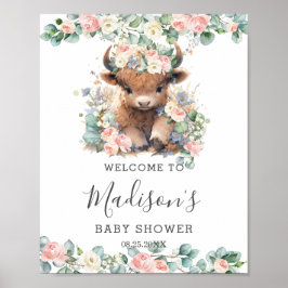 Rosa Blommigt Cute Highland Cow Baby Shower Välkom Poster