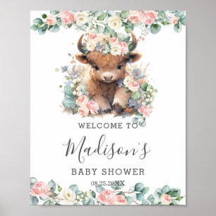 Rosa Blommigt Cute Highland Cow Baby Shower Välkom Poster