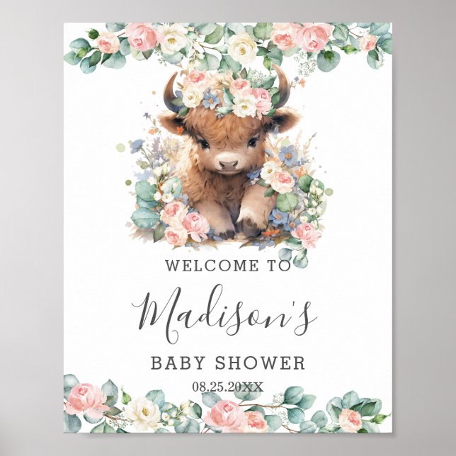 Rosa Blommigt Cute Highland Cow Baby Shower Välkom Poster (Framsidan)