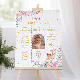 Rosa Blommigt Cute Hjort - första året Fotomilstol Poster