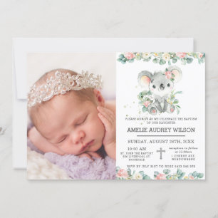Rosa Blommigt Cute Koala Baptism Christening Photo Inbjudningar
