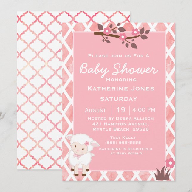 Rosa Blommigt Cute Lamb Baby Shower Inbjudningar (Fram/baksida)