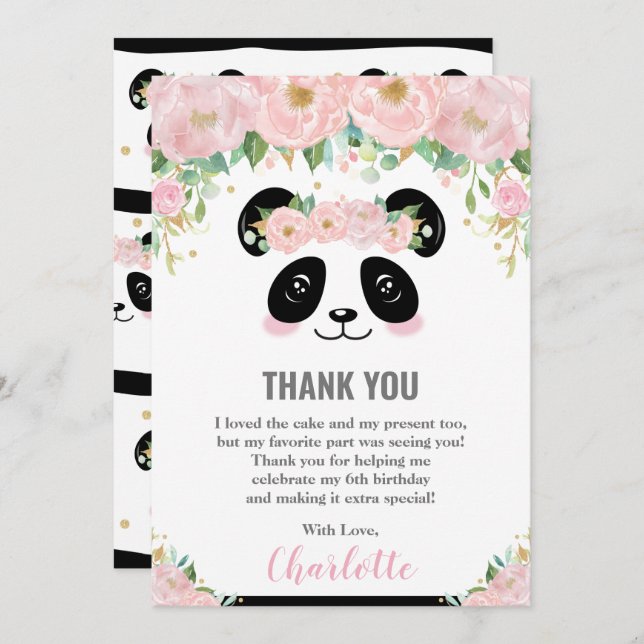 Rosa Blommigt Cute Panda Birday Tack you Card Inbjudningar (Fram/baksida)
