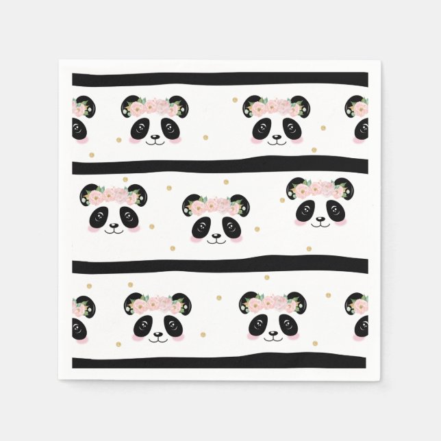 Rosa Blommigt Cute Panda Birthday Baby Party Pappersservett (Framsidan)
