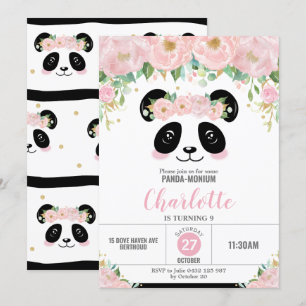 Rosa Blommigt Cute Panda-Födelsedagsfest Inbjudningar