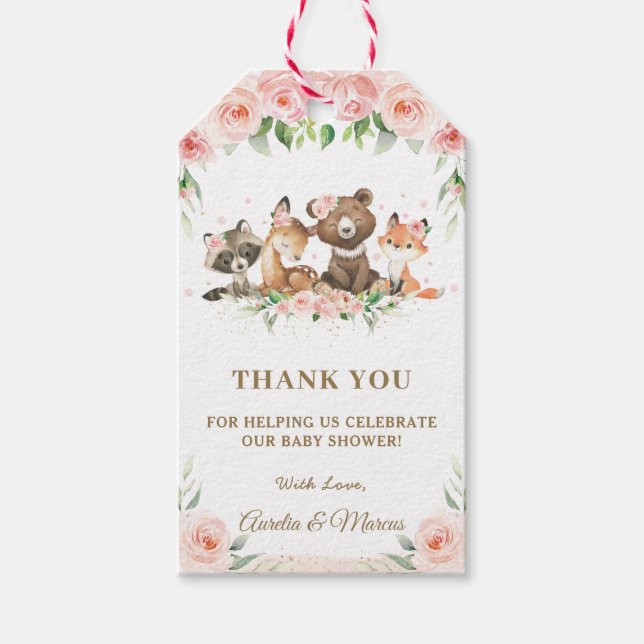 Rosa Blommigt Cute Woodland Animals Baby Shower Presentetikett (Framsidan)