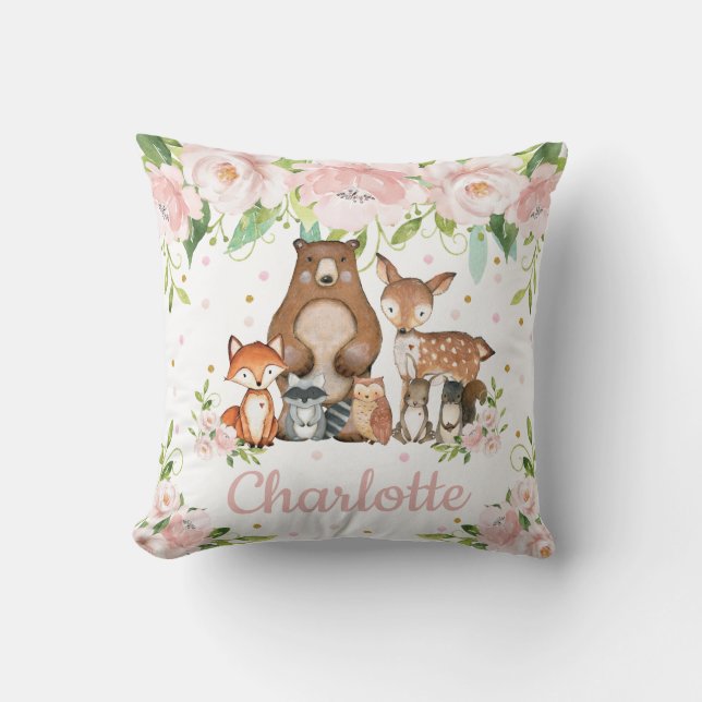 Rosa Blommigt Cute Woodland Animals Girl Nursery Kudde (Framsida)