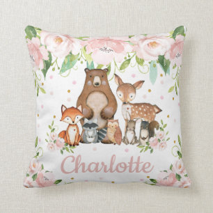Rosa Blommigt Cute Woodland Animals Girl Nursery Kudde