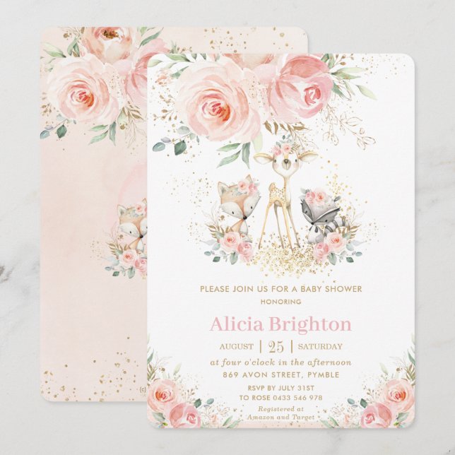  Rosa Blommigt Cute Woodland Girly Baby Shower Inbjudningar (Fram/baksida)