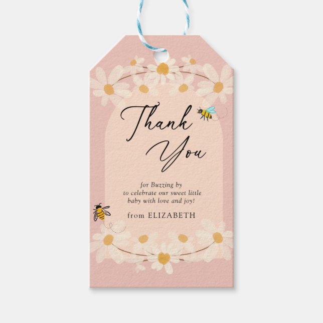 Rosa Blommigt Daisy Bees Baby Shower Presentetikett (Framsidan)