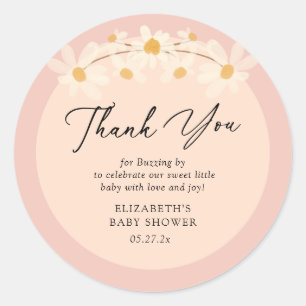 Rosa Blommigt Daisy Bees Baby Shower Tack! Runt Klistermärke