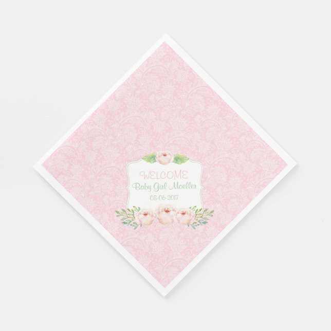 Rosa blommigt Damask Napkin / Flickbabydusch Pappersservett (Hörn)